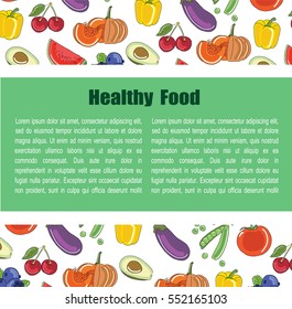 Template design booklet with the decor of the fruit. Pattern of natural foods, fruits, vegetables and berries. Decor of vegetarian meal for poster, banner.