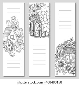 Template design bookmarks isolated on white background with place for text and notes in top view. Coloring page mockup for adult. Vector illustration.