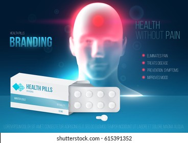 Template design branding medical products for treatment of headaches. Promotion packaging with tablets blister. Mockup to ads, cover, poster for health and beauty. 3d blank vector illustration.