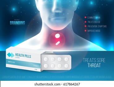 Template design branding medical products for treatment of colds and throat. Promotion packaging with tablets blister. Mockup to ads, cover, poster for health and beauty. 3d blank vector illustration.