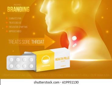 Template design branding medical products for treatment of colds and throat. Promotion packaging with tablets blister. Mockup to ads, cover, poster for health and beauty. 3d blank vector illustration.