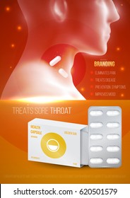 Template design branding medical products for treatment of colds and throat. Promotion packaging with capsules blister. Mockup ads, cover, poster for health and beauty. 3d blank vector illustration.