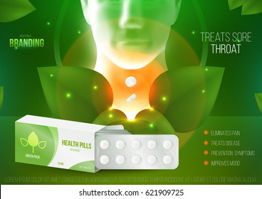 Template design branding medical products for treatment of colds and throat. Promotion packaging with tablets blister. Mockup to ads, cover, poster for health and beauty. 3d blank vector illustration.