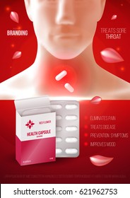 Template design branding medical products for treatment of colds and throat. Promotion packaging with capsules blister. Mockup ads, cover, poster for health and beauty. 3d blank vector illustration.