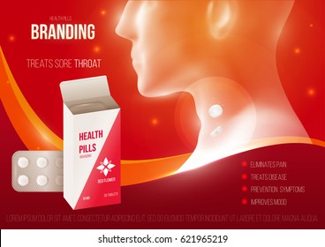 Template design branding medical products for treatment of colds and throat. Promotion packaging with tablets blister. Mockup to ads, cover, poster for health and beauty. 3d blank vector illustration.