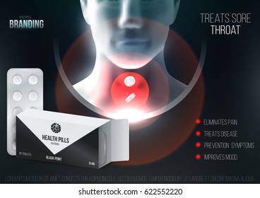 Template design branding medical products for treatment of colds and throat. Promotion packaging with tablets blister. Mockup to ads, cover, poster for health and beauty. 3d blank vector illustration.