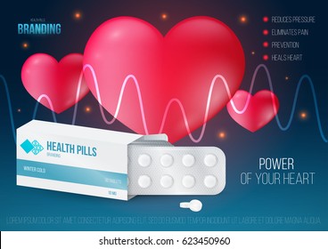 Template design branding medical products for treatment of heart. Promotion packaging with tablets blister. Mockup to ads, cover, poster for health and beauty. 3d blank vector illustration.