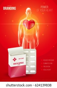 Template design branding medical products for treatment of heart. Promotion packaging with capsules blister. Mockup to ads, cover, poster for health and beauty. 3d blank vector illustration.