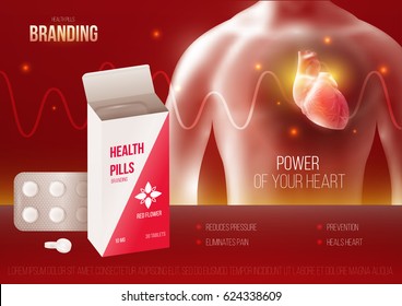 Template Design Branding Medical Products For Treatment Of Heart. Promotion Packaging With Tablets Blister. Mockup To Ads, Cover, Poster For Health And Beauty. 3d Blank Vector Illustration.