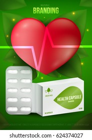 Template design branding medical products for treatment of heart. Promotion packaging with capsules blister. Mockup to ads, cover, poster for health and beauty. 3d blank vector illustration.