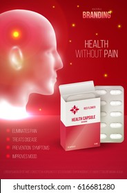 Template design  branding red medical products for treatment of headaches. Promotion packaging with capsules blister. Mockup to ads, cover, poster for health and beauty. 3d blank vector illustration.