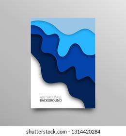 Template for design of brochure, poster, flyer. Blue drips of waves. Cut paper style