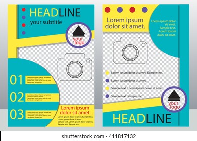 Template design of brochures with place for your photo. A sample of yellow and turquoise flyer. A4 size. Vector illustration.