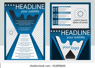 Template design of brochures with place for your photo. A sample of blue flyer. Vector illustration.