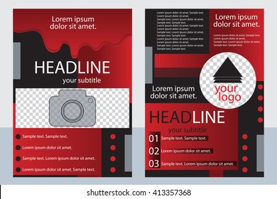 Template design of brochures with place for your photo. A sample of red and black flyer.  Vector illustration.