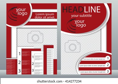 Template design of brochures with place for your photo. A sample of white and red flyer. Vector illustration.