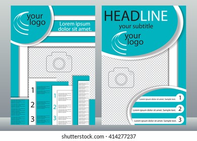 Template design of brochures with place for your photo. A sample of white and turquoise flyer. Vector illustration.