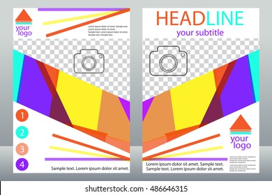 Template design of brochures with place for your photo. A sample of bright color flyer. Vector illustration.