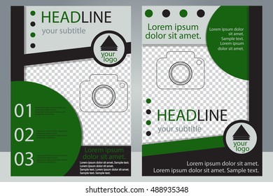 Template design of brochures with place for your photo. A sample of black and green flyer. A4 size. Vector illustration.