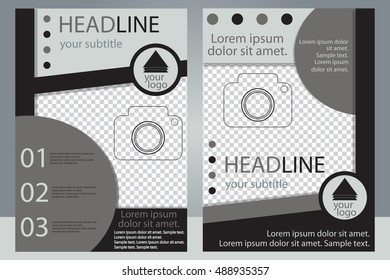 Template design of brochures with place for your photo. A sample of black and gray flyer. A4 size. Vector illustration.