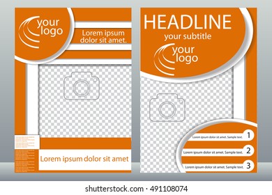 Template design of brochures with place for your photo. A sample of white and orange flyer. Vector illustration.