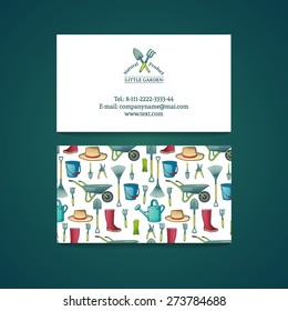 Template Design Business Card With Garden Tools. Pattern And Card Gardening. Vector. Place For Your Text.