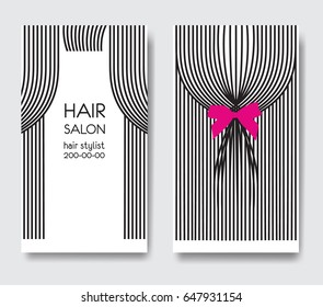 Template design business card with long straight hair and bow. Business card front and back side. Design for beauty salon