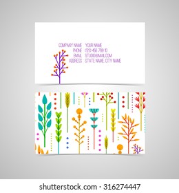 Template design business cards and invitations with a geometric pattern of flowers, plants, twigs, berries in a modern style. Vector. Place for your text.