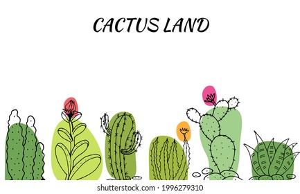 Template for design with cacti and succulents. Set of hand drawn cacti and succulents. Spiny desert plants, cactus flowers and tropical plants.