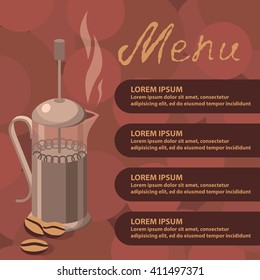 Template design for cafe and restaurants vector illustration with coffee press, beans and text. 