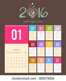 Template design - Calendar 2016 with paper page for months