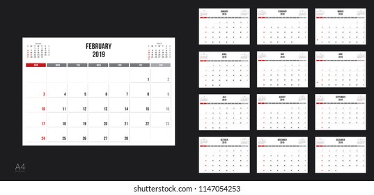 Template design of calendar planner for 2019 year with corporate style. 