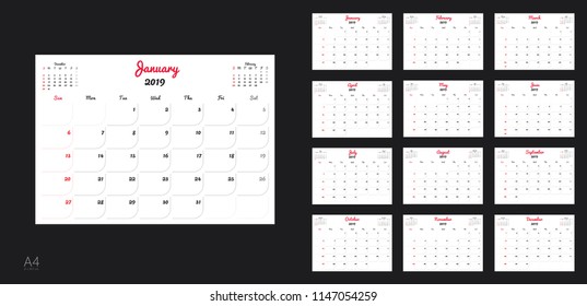 Template design of calendar planner for 2019 year with corporate style. 