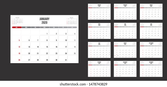 Template design of calendar planner for 2020 year with corporate style. 