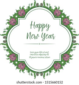 Template design of card or poster happy new year, with graphic green leafy floral frame. Vector