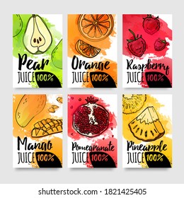 Template design card of variation tastes of juice. Layout banner of fruit and berries with watercolor decoration. Brochure for organic natural drink. Flyers of fresh food for vegetarian menu. Vector.