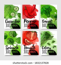 Template design card of variation tastes of juice. Layout banner of vegetable and herb with watercolor decoration. Brochure for organic natural drink. Flyers of fresh food for vegetarian menu. Vector.