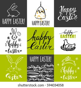 Template design cards with eggs, bunny, cake, willow. Modern calligraphy. Hand drawn ink inscription Happy Easter and elements. Handwritten brush lettering with rough edges. Colorful.