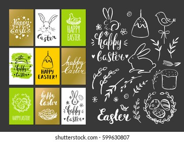 Template design cards with eggs, bunny, cake, willow. Modern calligraphy. Hand drawn chalk inscription Happy Easter and elements. Handwritten brush lettering with rough edges. Chalkboard.