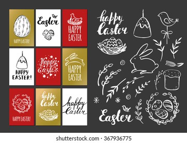 Template design cards with nest, handwritten inscriptions and eggs. Modern calligraphy. Happy Easter. Brush lettering with rough edges.