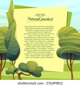 Template design cards, posters, brochures, flyers. Cartoon background with sky and trees. Logo, icon, label, natural products. Place for your text. Vector.