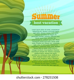 Template design cards, posters, brochures, flyers. Cartoon background with sky and trees. Logo, icon, label summer vacation. Place for your text. Vector.