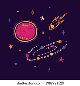 Template Design with cartoon graphic space. Print with the composition of planets and stars. Children illustration  cute doodle style  with universe and starry. Vector.