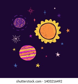 Template Design with cartoon graphic space. Print with the composition of planets and stars. Children illustration  cute doodle style  with universe and starry. Vector.