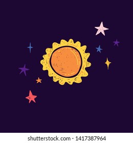 Template Design with cartoon graphic space. Print with the composition of planet and stars. Children illustration  cute doodle style with sun. Vector.