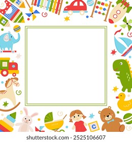 Template design with childish elements. Kid’s toys square frame. Kid's frame with cartoon toys. Frame of toy for Advertising poster, flyer, promo for shop, store, school, preschool. 