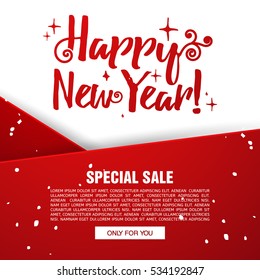 Template design christmas banner. Happy new year brochure with decoration red tape for xmas sale. Poster with snowflake background for a happy holiday offer. Vector.