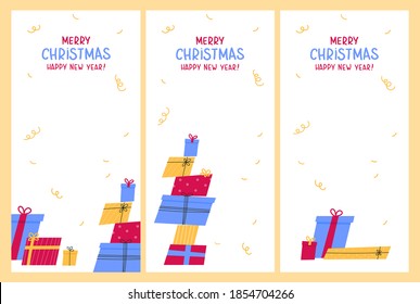 Template design for christmas sale with cute gifts.Christmas advertising.Xmas presents and lettering on the background.Set of vertical social media stories and post design.Hand drawn illustration