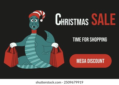 Template design Christmas Sale discord banner with funny snake. Xmas holiday discount concept isolated black background. Vector illustration can used web banner poster cover print. EPS 10