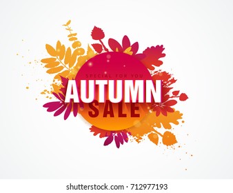 Template design circle autumn sale banner with decor silhouette of plants. Sign of promotion and discounts offer of the nature of the fall season with leaves of maple. Vector